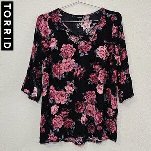 TORRID 0 Black Pink Floral Bell Sleeves Top Blouse Plus Size 12 L